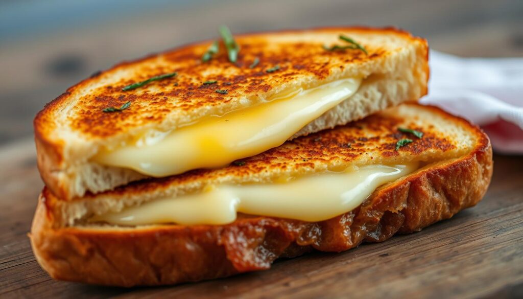 a grilled cheese sandwich on a wood surface