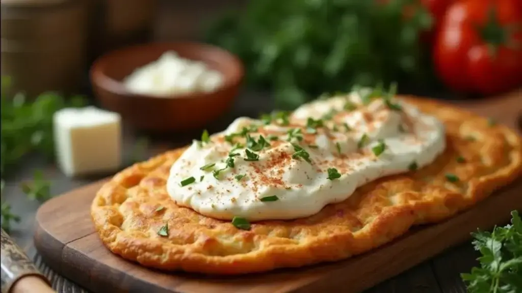 Golden-brown flatbread topped with creamy cottage cheese, fresh herbs, and spices, served on a rustic wooden cutting board.