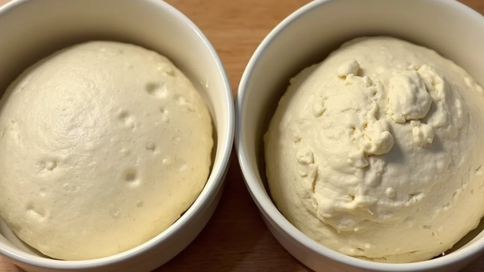 Close-up textures of properly proofed dough (left) vs. overproofed dough (right).