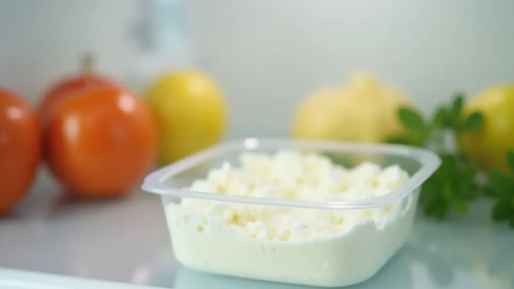 A man's hand mixes cottage cheese with herbs and vegetables in a clear bowl, preparing a healthy dip.