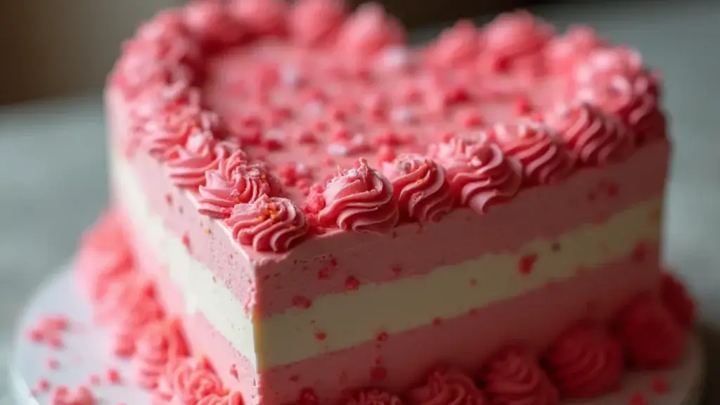 A heart cake on a Heart cake stand with a man's hand nearby