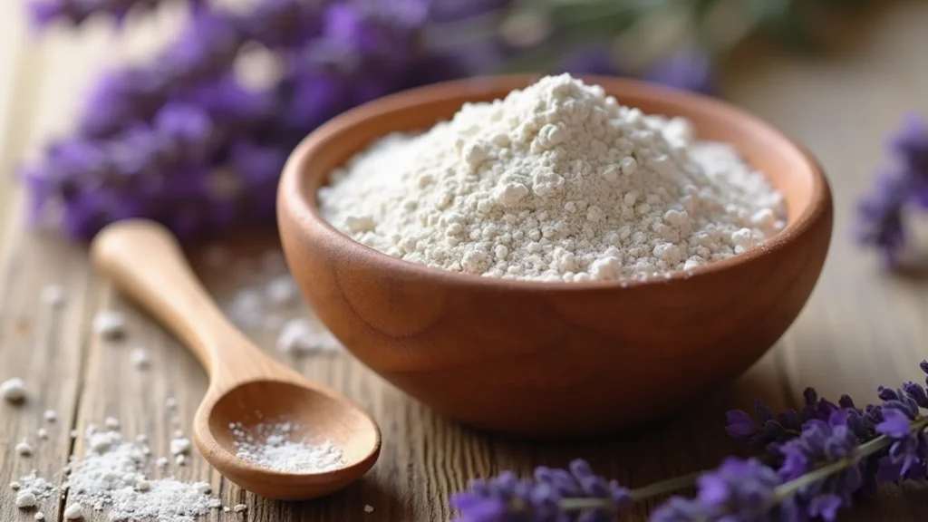 Lavender powder in a wooden bowl with dried lavender flowers and a wooden spoon beside it, representing natural wellness.