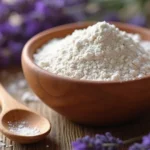 Lavender powder in a wooden bowl with dried lavender flowers and a wooden spoon beside it, representing natural wellness.