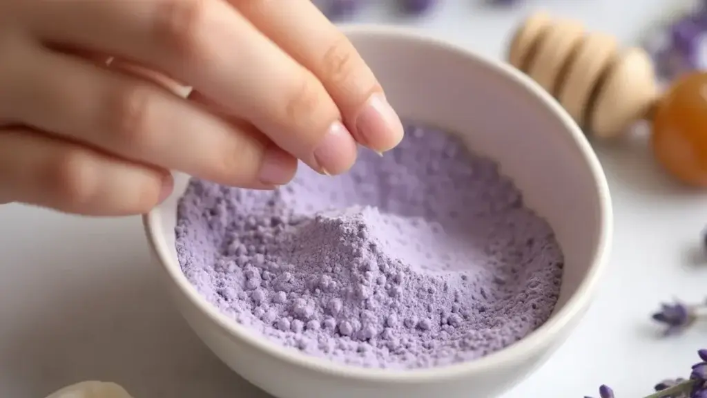 Using lavender powder for skincare: Close-up of hand mixing lavender powder with honey and cream.