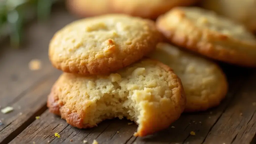 Close-up of freshly baked rosemary lemon olive oil cookies on a plate