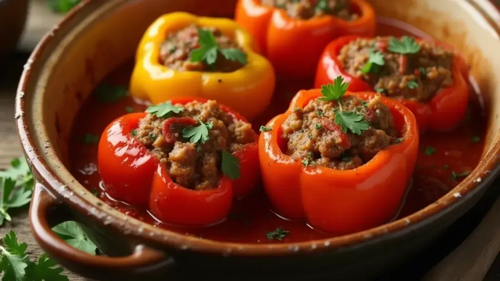 Old fashioned stuffed bell peppers recipe, baked in a dish with tomato sauce and fresh parsley.