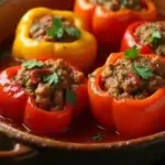 Old fashioned stuffed bell peppers recipe, baked in a dish with tomato sauce and fresh parsley.