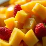 Staberrybanna mango pineapple mix in a bowl.