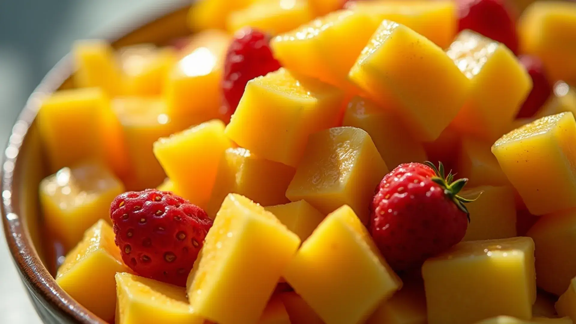 Staberrybanna mango pineapple mix in a bowl.