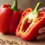 Close-up of red, yellow, and green bell pepper seeds being poured from a man's hand, highlighting texture.