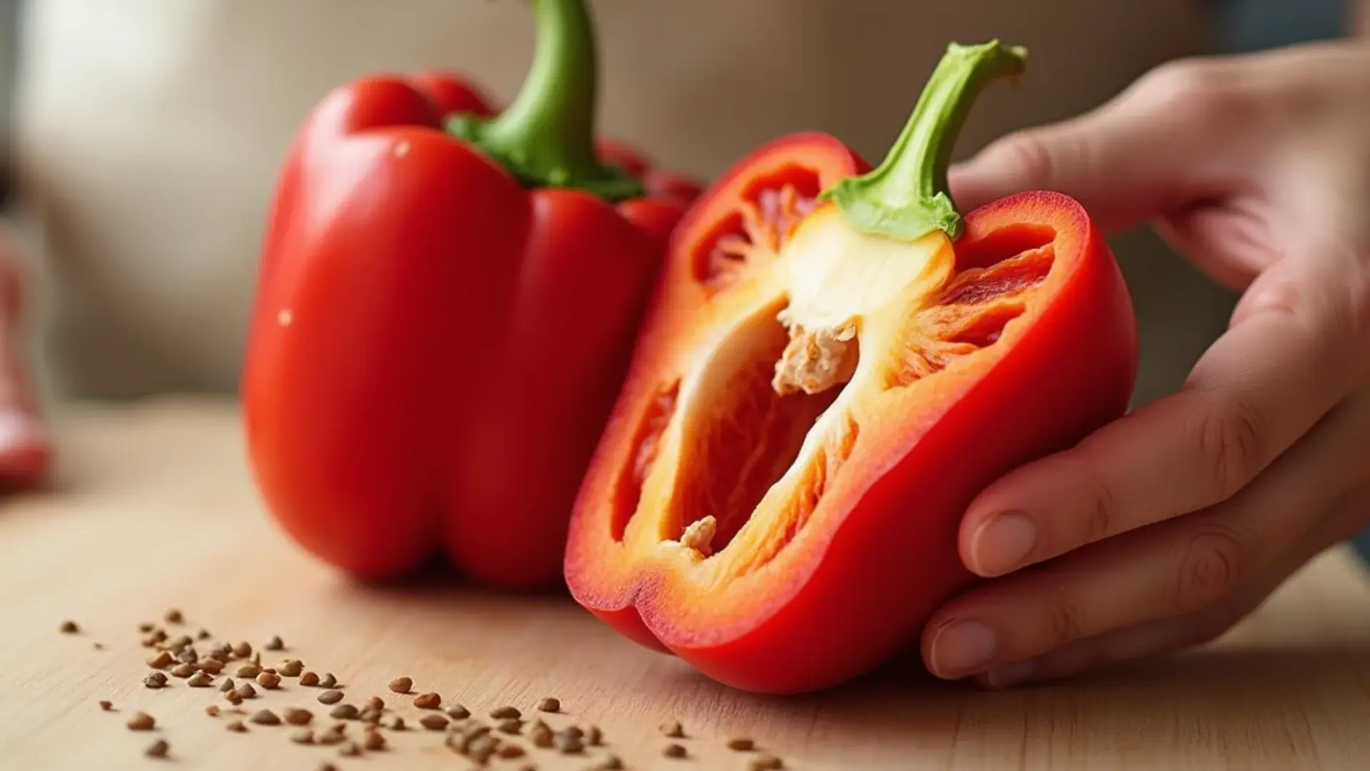 Close-up of red, yellow, and green bell pepper seeds being poured from a man's hand, highlighting texture.