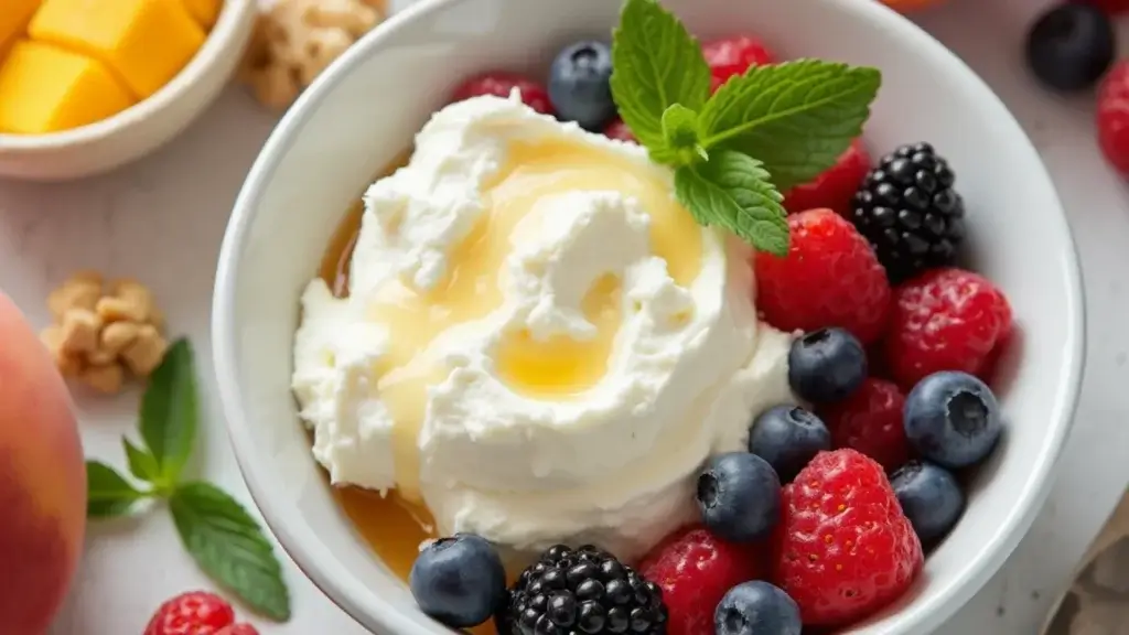 Delicious bowl of cottage cheese with fresh fruit, honey, and nuts, showcasing how to make cottage cheese taste good.