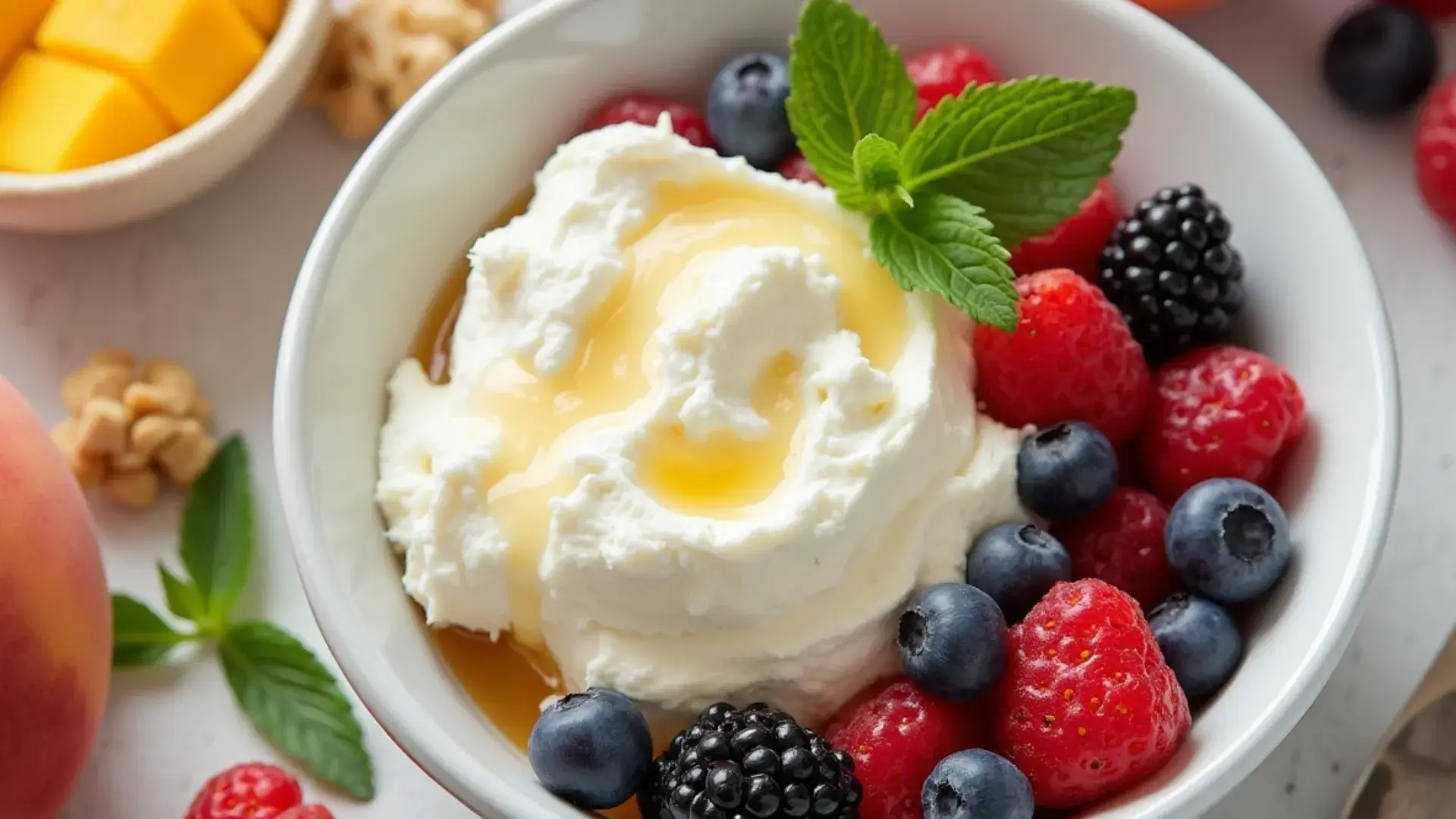 Delicious bowl of cottage cheese with fresh fruit, honey, and nuts, showcasing how to make cottage cheese taste good.