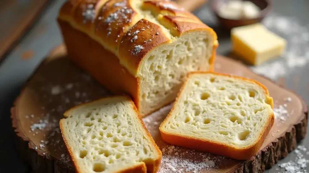 Sliced loaf of homemade cottage cheese bread with avocado and egg toppings