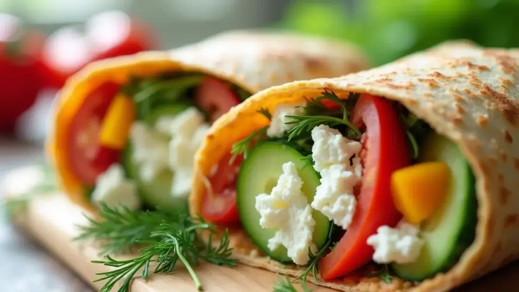 Close-up of a delicious cottage cheese wrap recipe with cucumber, tomato, and bell pepper filling.