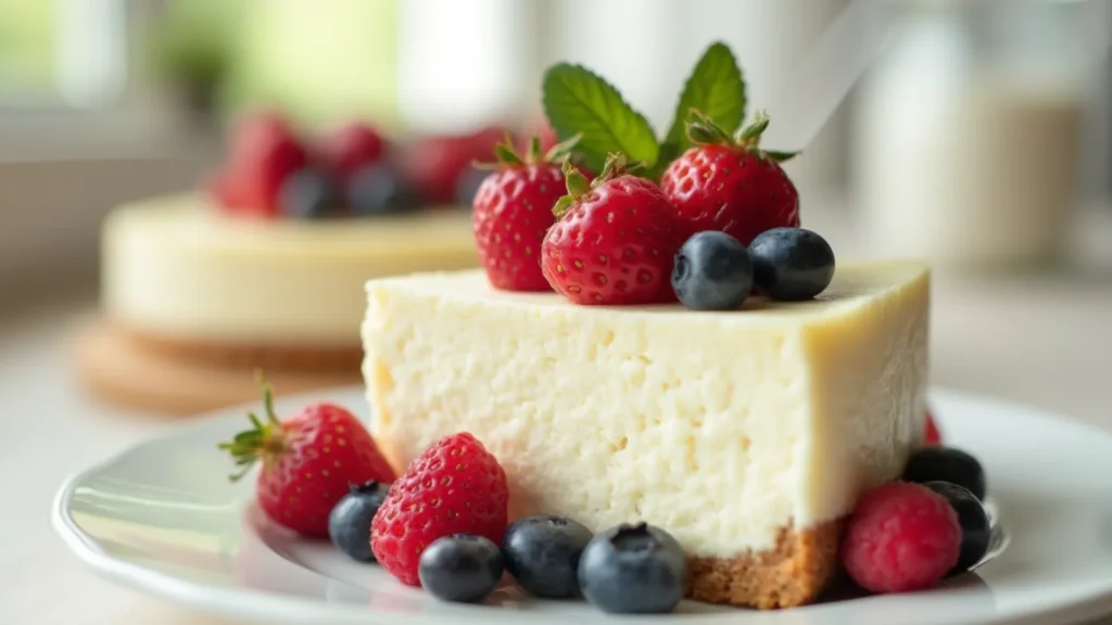 Close-up of a slice of cottage cheese cheesecake with fresh berries. This image is to go with cottage cheese cheesecake recipe.