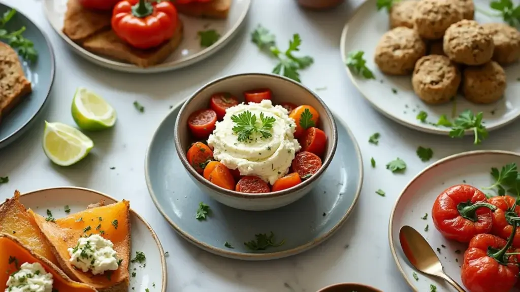 Savory cottage cheese recipes: Top view of toast with avocado, roasted vegetable bowl, and stuffed bell peppers.